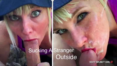 Sneaky wife caught a stranger masturbating in the park and then sucks his cock: cum on her face with cum on the street